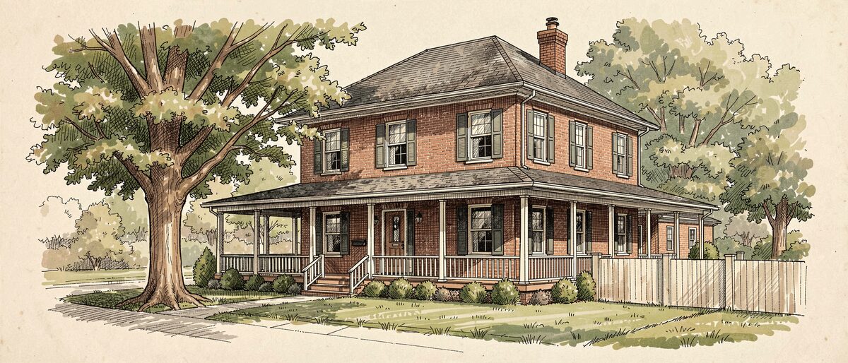 A pen and ink portrait of a brick house with a deep porch, cross-hatched shade under the eaves and a bare tree at the gate