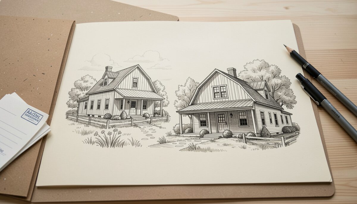 A drawing board with a pencil draft of a farmhouse beside its finished inked version, a mailing tube and kraft paper at the edge