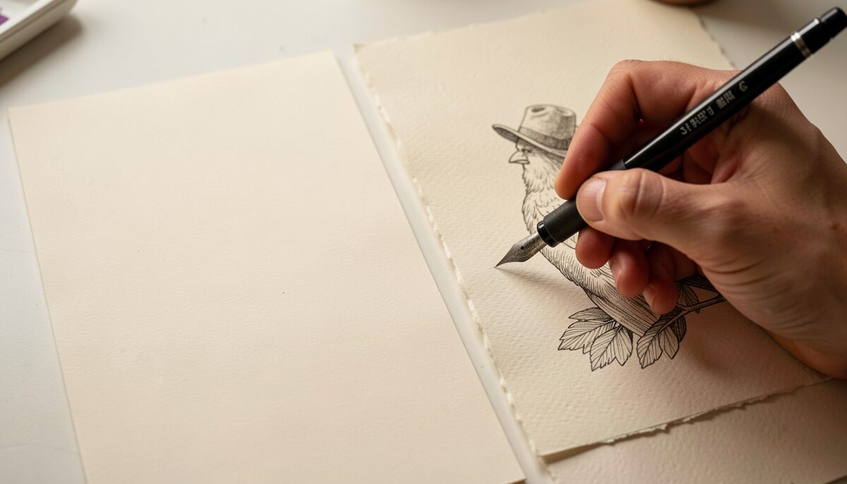A hand holding a pen over two sample sheets of drawing paper, one smooth plate finish and one toothy cold-press