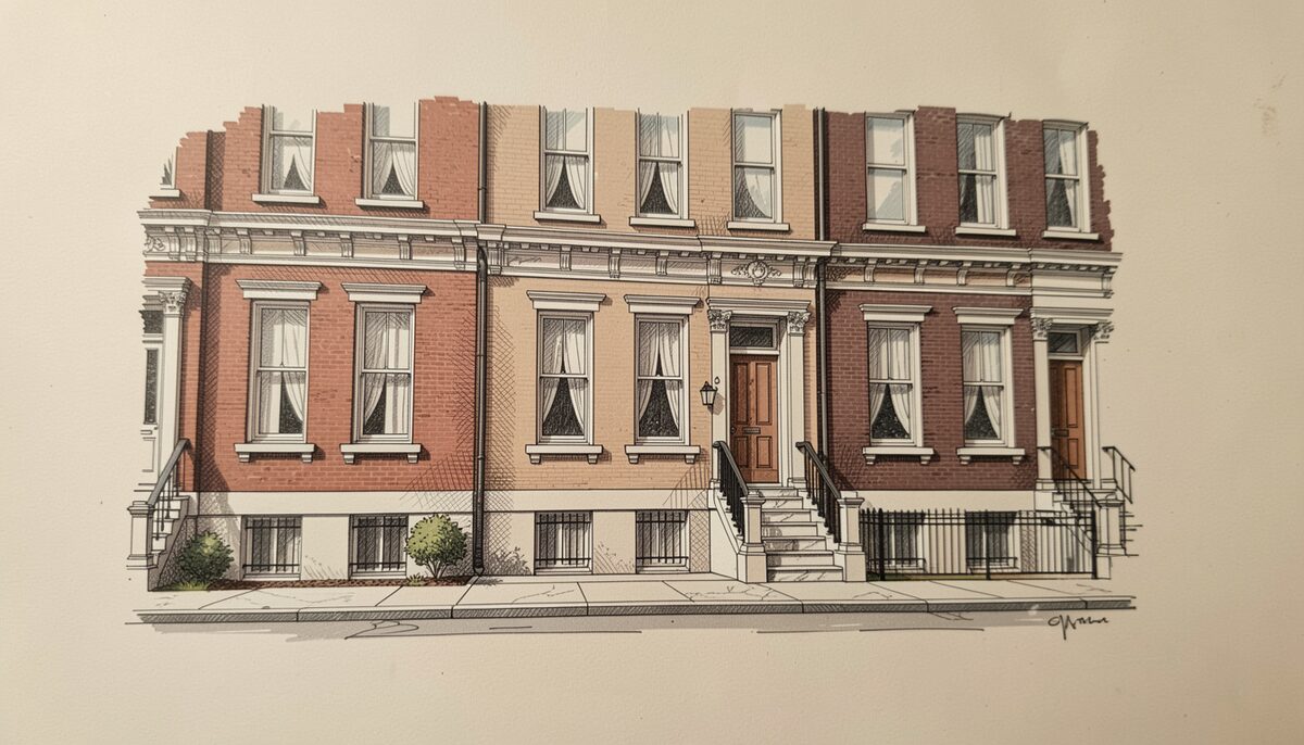 A pen and ink study of three attached brick row houses with marble steps, cornices aligned along the street