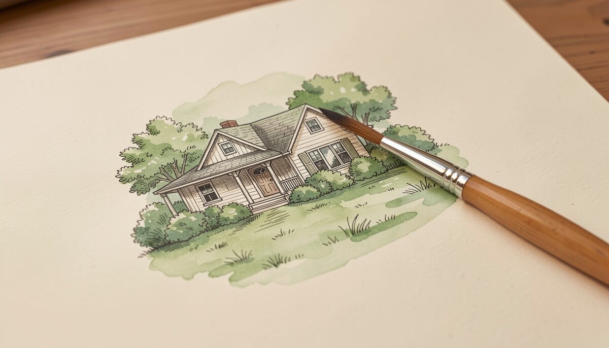 A brush laying a thin green wash over inked foliage on a house portrait, the pen lines showing through the transparent color
