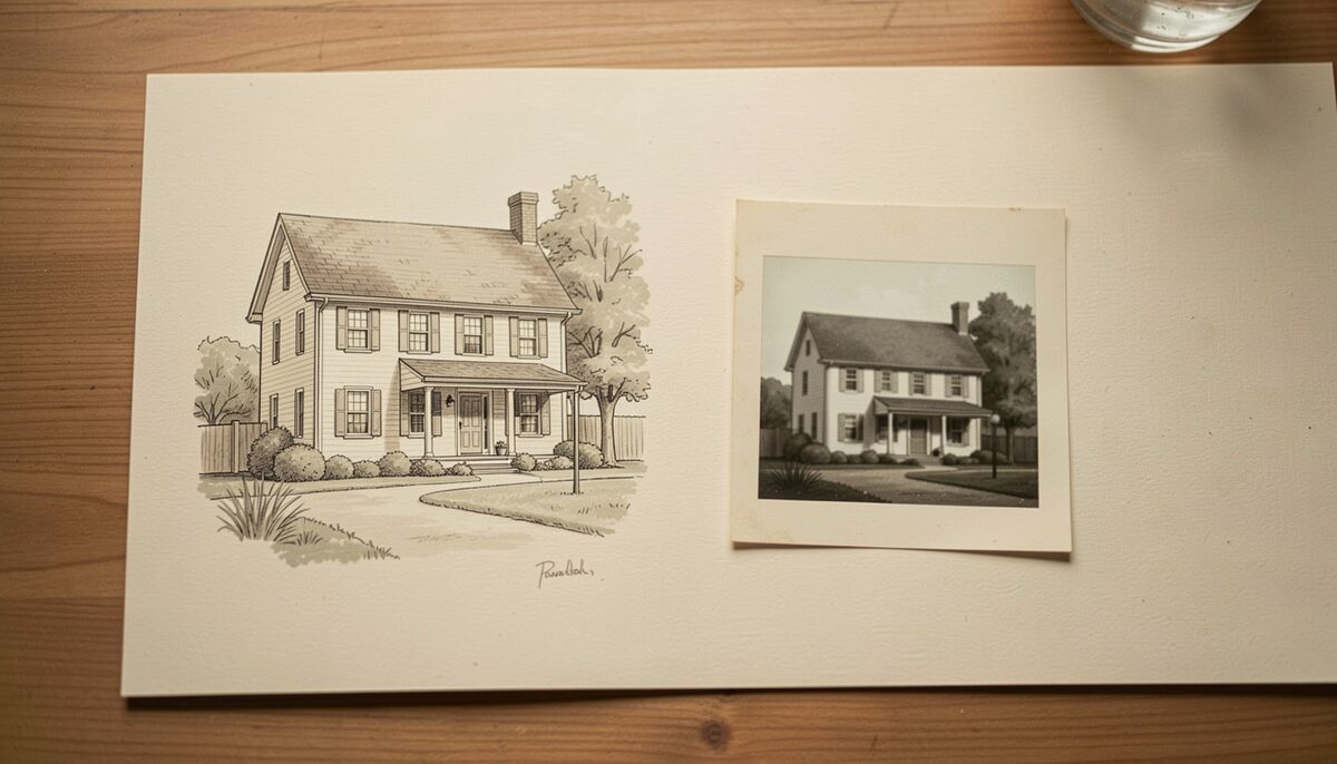 A finished pen and ink house portrait held up beside the faded snapshot it was drawn from, the drawing warmer and clearer
