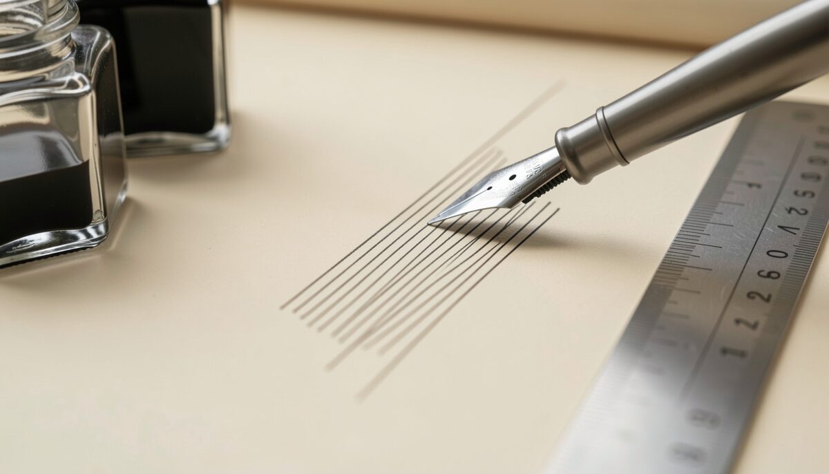 Close detail of a pen nib laying parallel hatching on cream paper, an ink bottle and a steel ruler beside the work